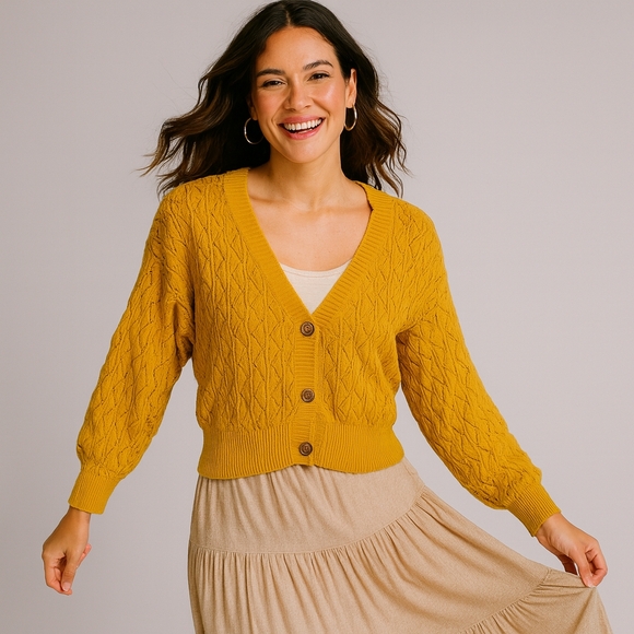 Debut XL Mustard Yellow Cable Knit Button Cardigan Cozy Fall Layering Sweater - Picture 1 of 7